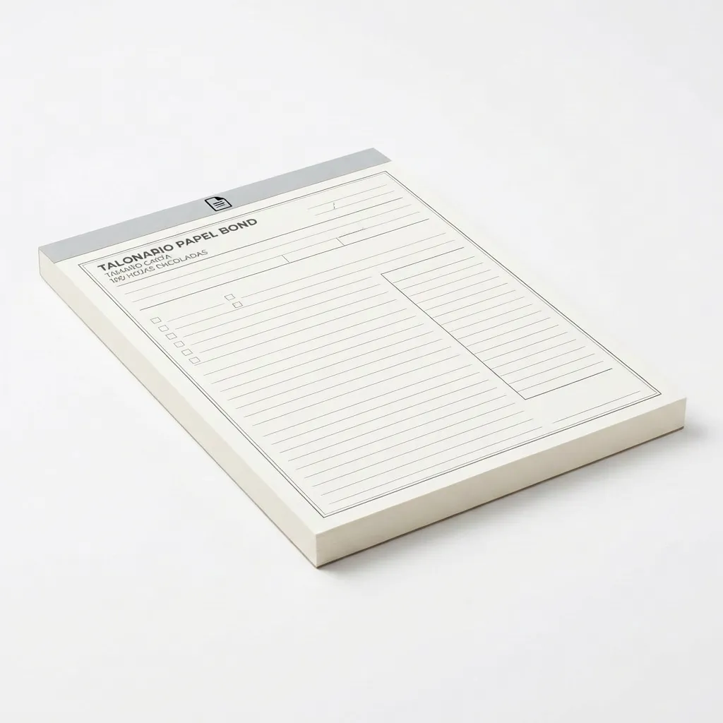 Talonario papel bond tamaño carta  - 100 Hojas Fondo blanco (Sin folios, Encolado, Impresion Blanco y negro, Una Cara)